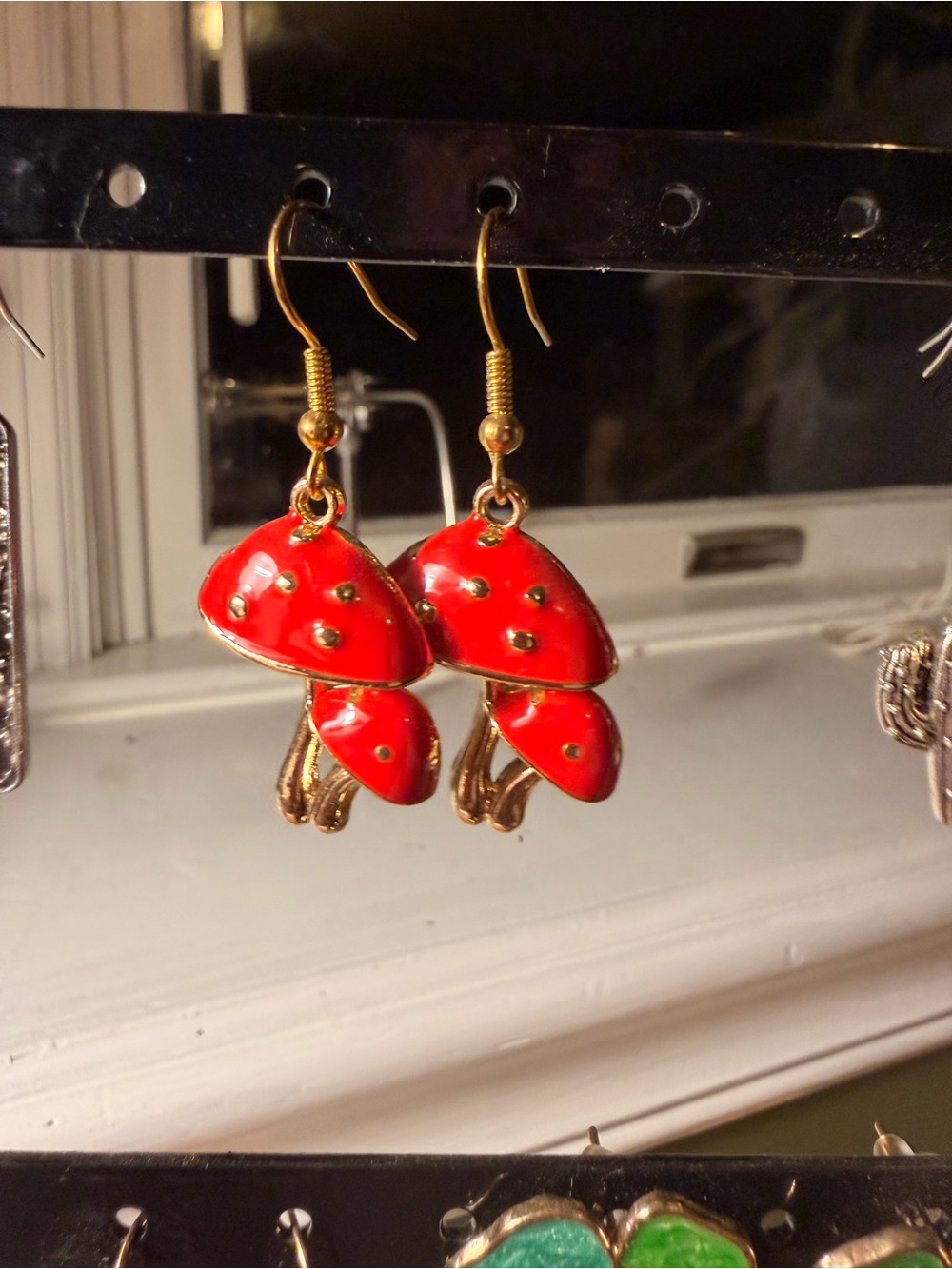 Red Enamel Mushroom Dangle Earrings - Women Jewelry Earrings - Picture 1 of 1